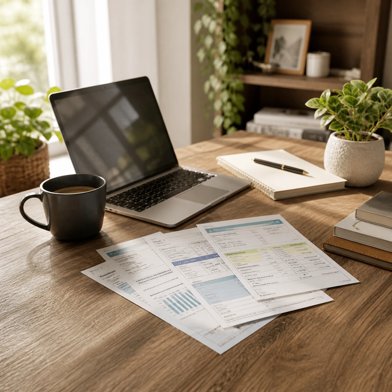 Tax documents organized beside a laptop